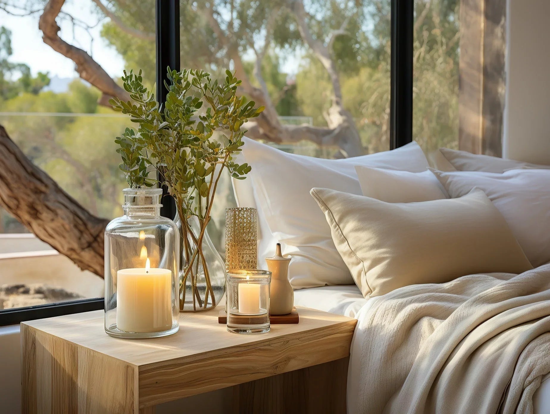 Cosy biophilic bedroom indoor setting with candles, plants, and pillows by a window.