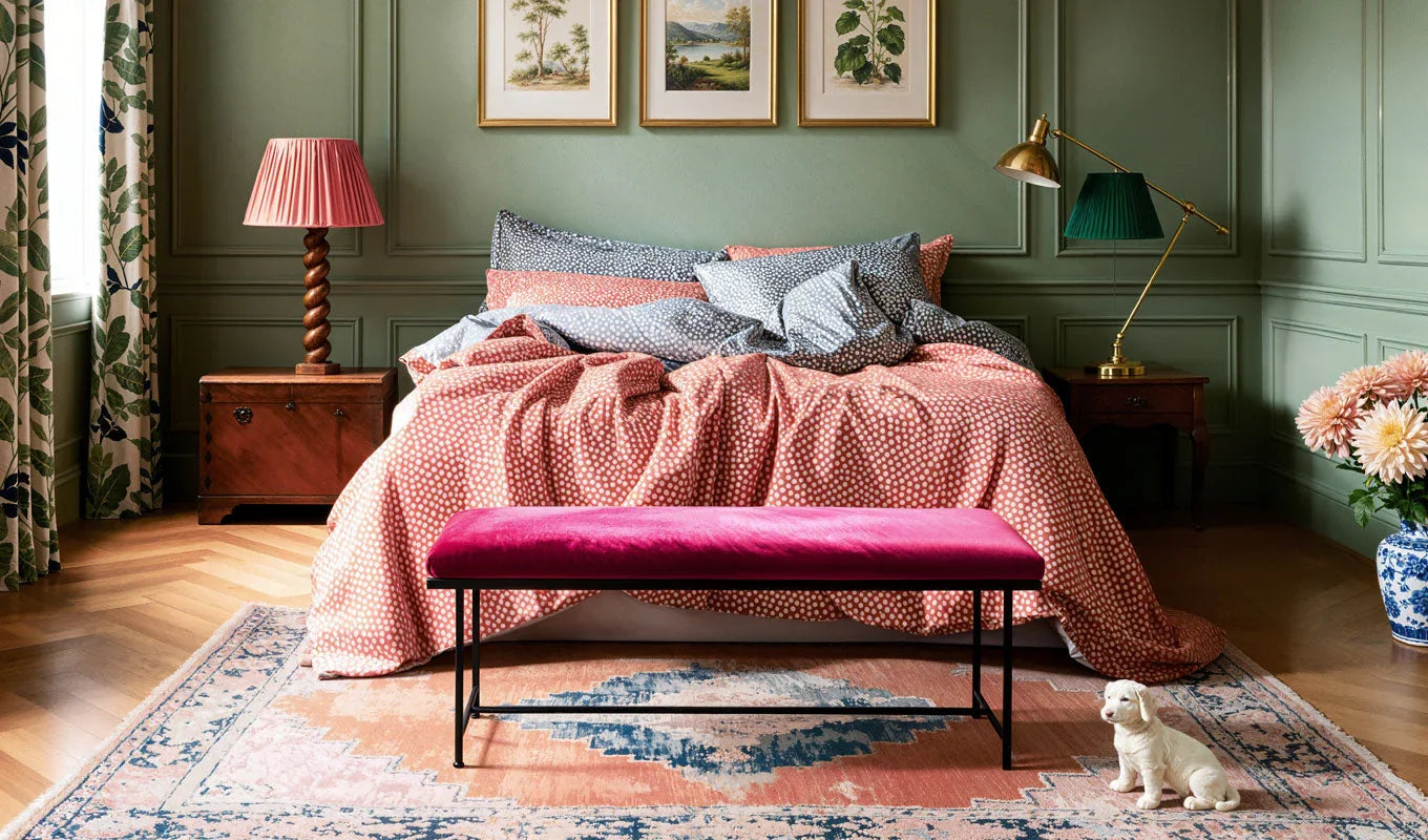 Cozy bedroom with pink bedding, bench, and decor elements.