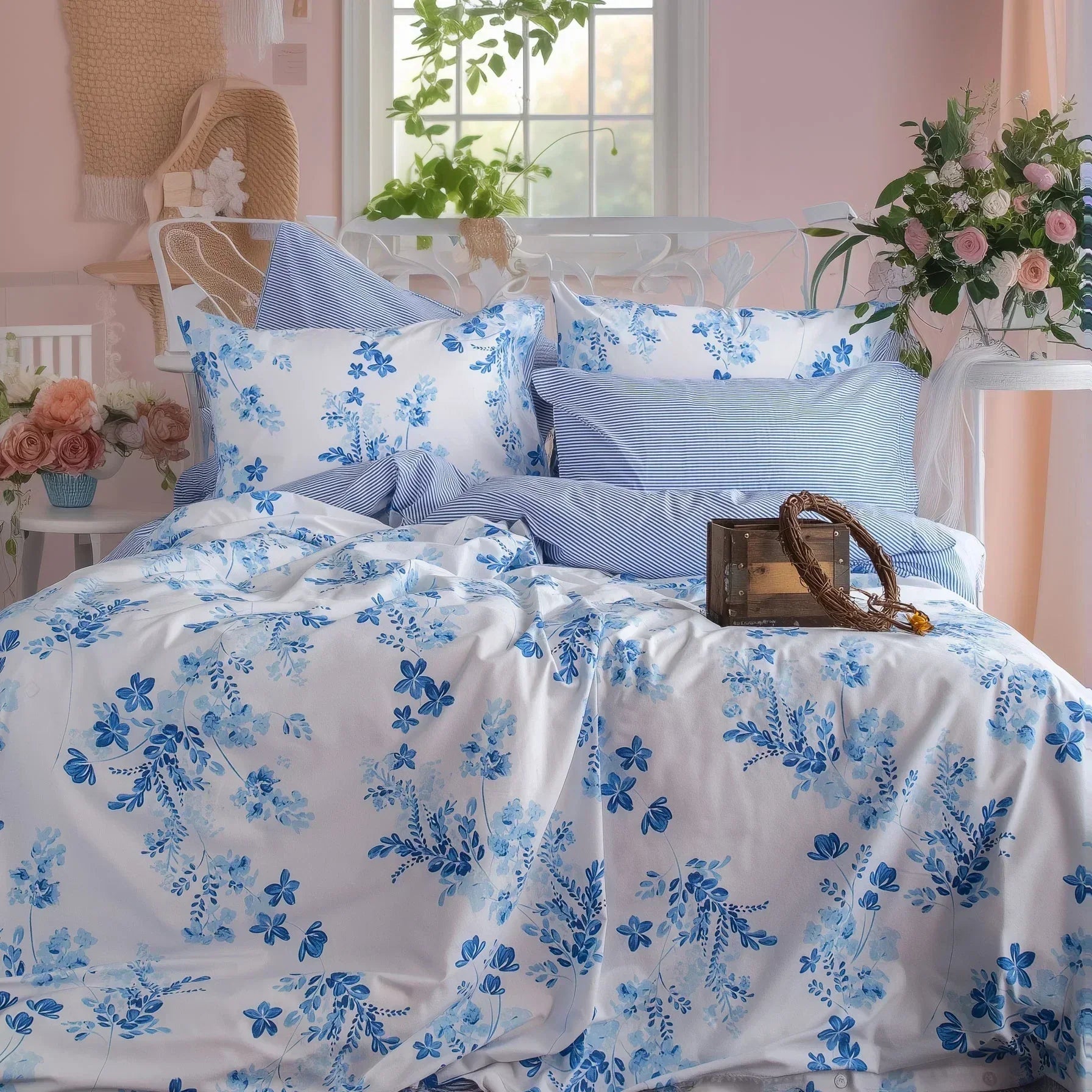 Sevilla blue floral duvet cover set on a bed with matching pillows in a pastel bedroom