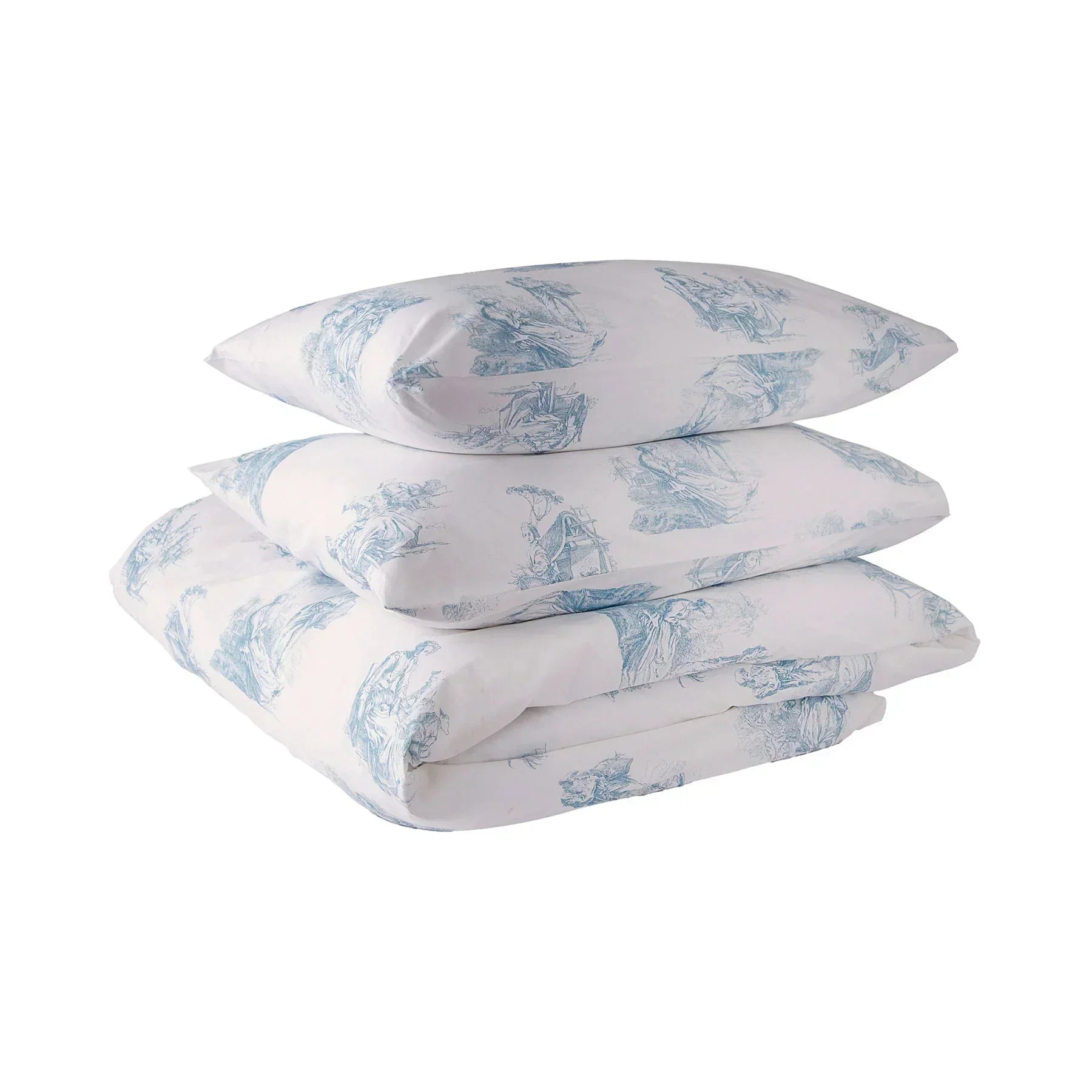 Blue and white toile de Jouy duvet cover set with pillowcases on white background