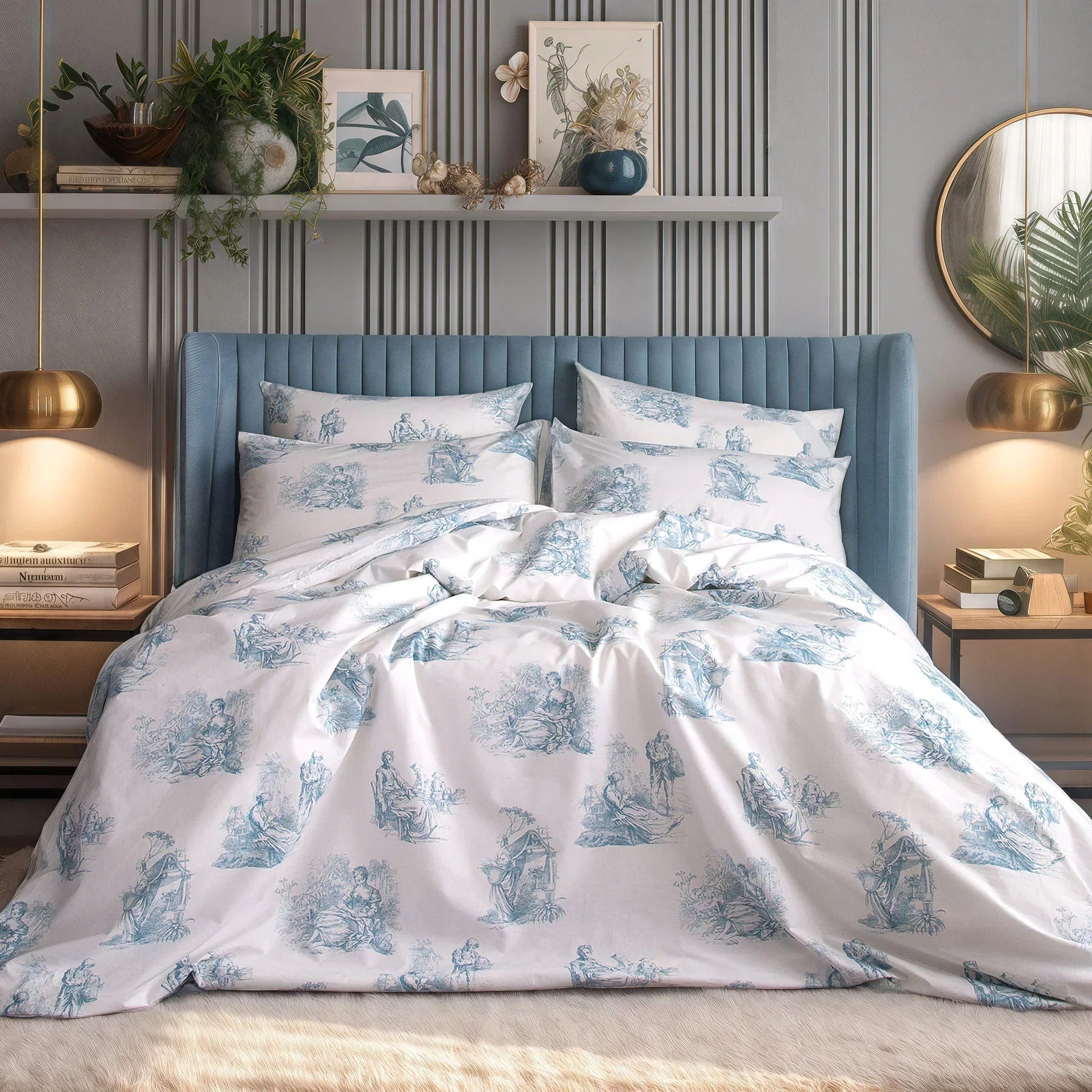 Blue and white Toile de Jouy duvet cover set on bed in modern bedroom with gold lamps.
